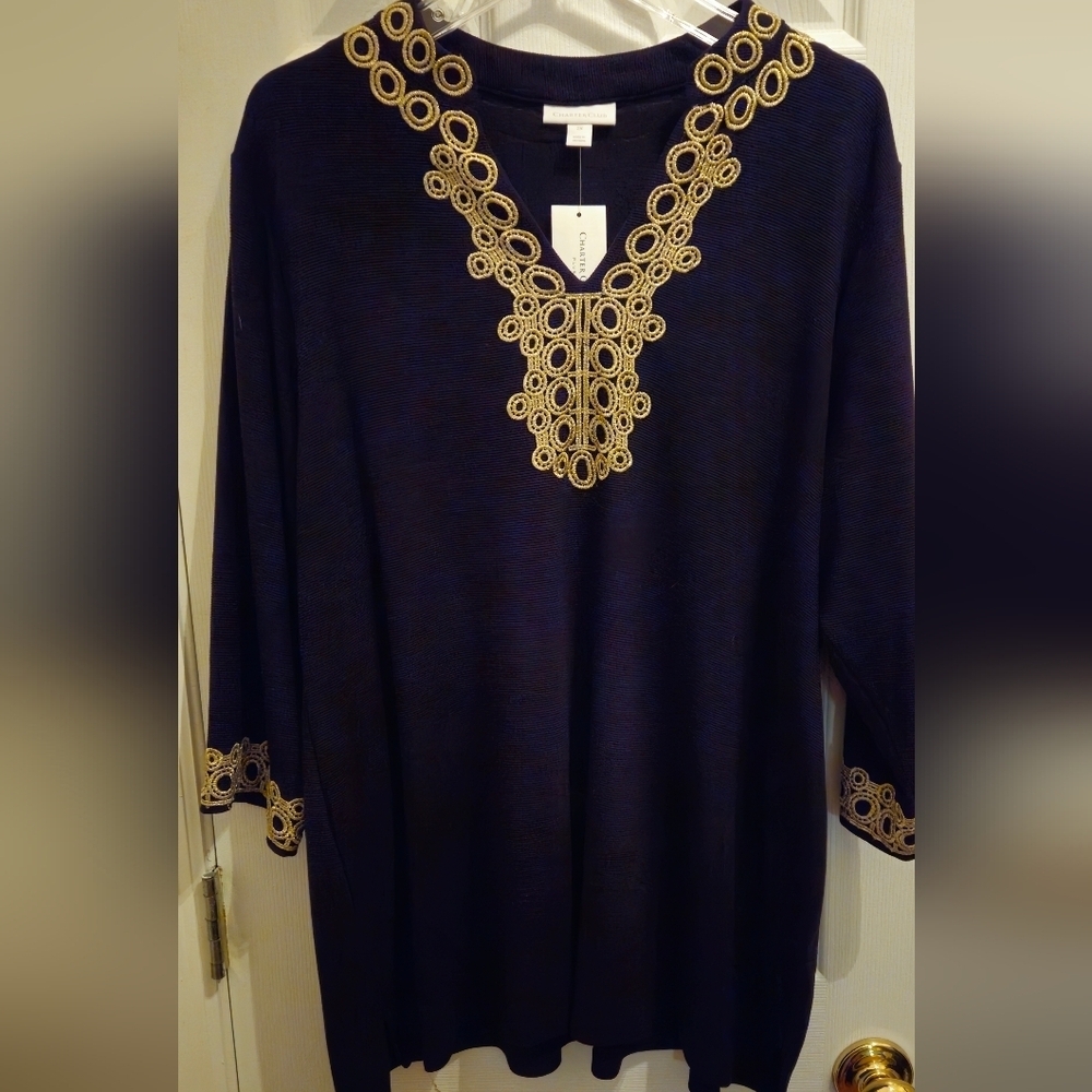 NWT - Charter Club Black Tunic Top with Metallic Gold Trim/Detailing - Size 2X
